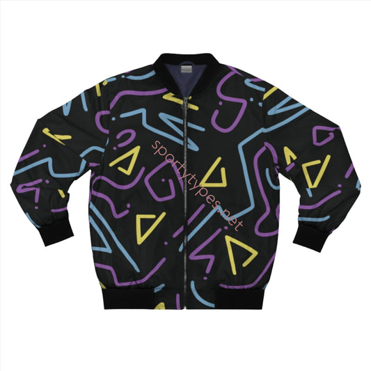 Men's Black and Multicolored Geometric Print Bomber Jacket