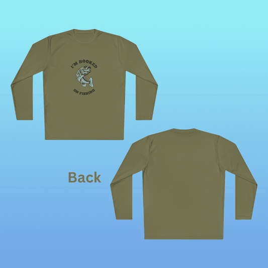 Men's Olive Hooked On Fishing Long Sleeve Moisture-Wicking Tee