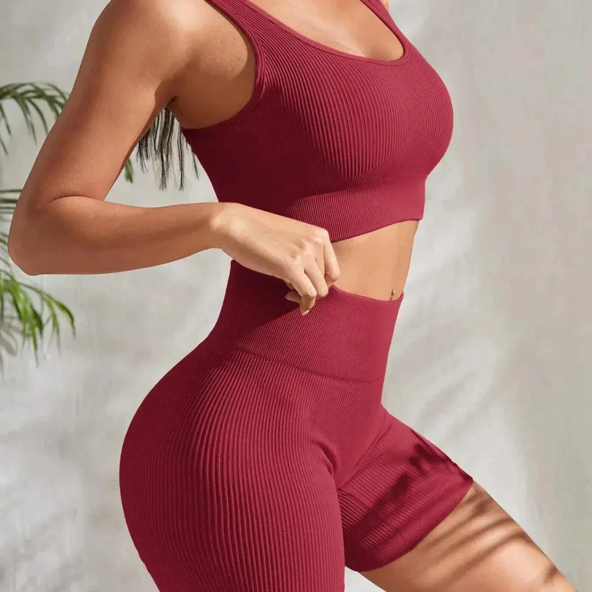 Red Women's Seamless Ribbed Yoga Set
